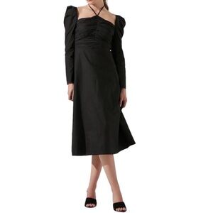 ASTR The Label BLACK Cotton RUCHED Bodice PUFF SLEEVE Tie Neck MIDI DRESS small